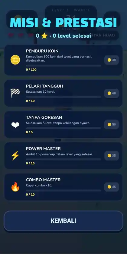 Halaman misi dan achievement Coin Rush 3D