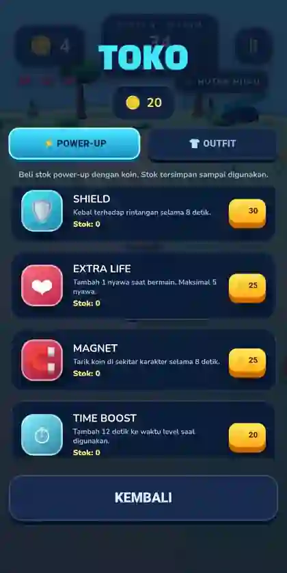 Toko power-up Coin Rush 3D yang menampilkan Shield, Extra Life, Magnet dan Time Boost